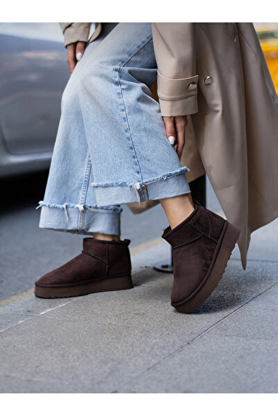 Extra Shoes İstanbul Mini Kahve Süet İçi Kürklü Kalın Taban Kadın Bot