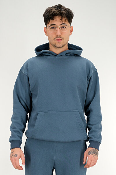 Souris Men's Petrol Blue Hooded Kangaroo Pocket Oversized Sweatshirt 3 Thread Fleece-Lined Thick Fabric