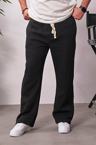 MADZEYMODA Ανδρικό φαρδύ παντελόνι με 3 κλωστές Ş επένδυση fleece Μαύρο παντελόνι KE-7031