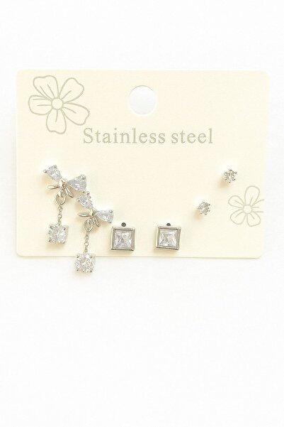 GAMZELİRENKLERİM Earring Set Bow - Square Stone - Minimalist Single Stone Tri...