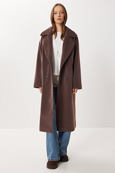 Lovelyİstanbul Kruvaze Yaka Oversize Kaşe Kaban LFG0173 KAHVERENGİ