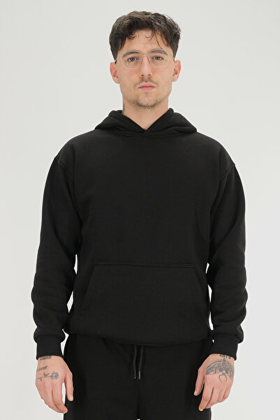Souris Men's Black Hooded Kangaroo Pocket Oversized Sweatshirt 3 Thread Fleece-Lined Thick Fabric