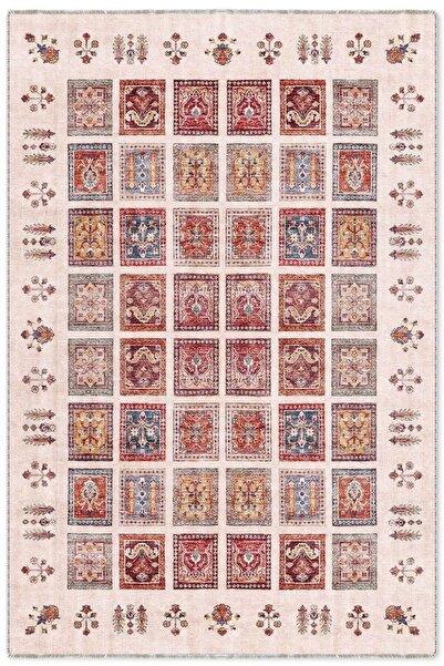 Pastel Home Afgan Bej Mozaik Tasarım Şönil Halı Kilim Yolluk Kaymaz Yıkanabil...