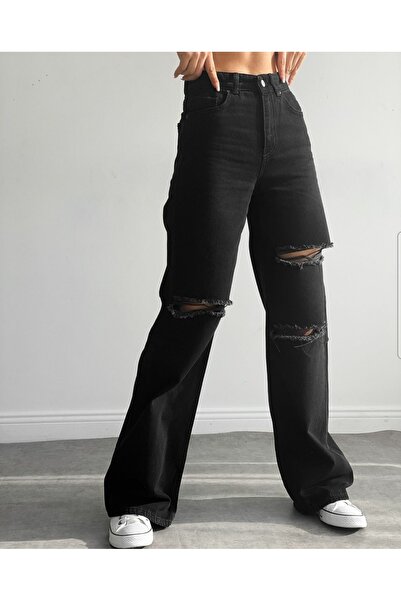 DRC trend Kench 90's Black Ripped Stretch Fabric Super High Waist Baggy Jean Pants. (Super High.)