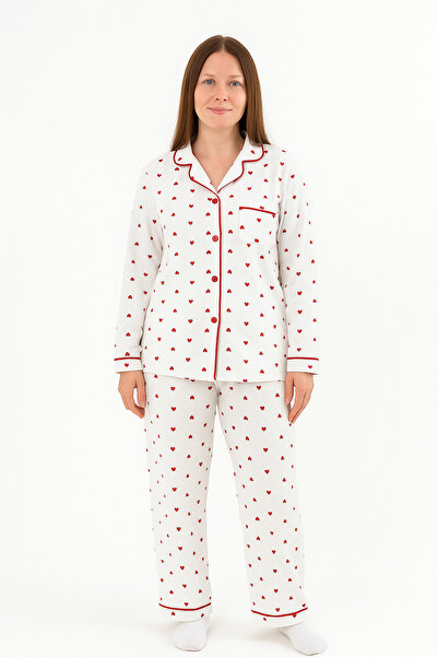 nazarbebe Women's Heart Patterned Buttoned Pajama Set – Winter Home Wear 3002