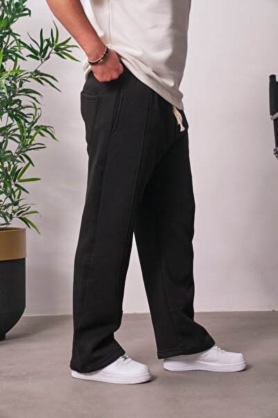 MADZEYMODA Men's Baggy Fit Green 3 Thread Fleece-Lined Black Sweatpants Ke-7031