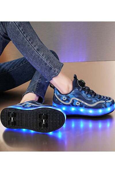 Little Rockz Kids Four Wheel Roller Shoes Rechargeable LED Flash Light Sneaker Skate Heelys Shoes