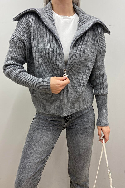 Nopen Knitwear Women's Anthracite Gray Zippered Knitwear Cardigan