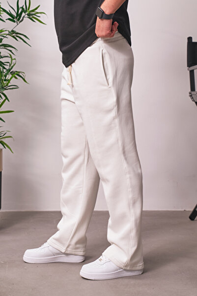 MADZEYMODA Ανδρικό φαρδύ παντελόνι με 3 κλωστές Ş επένδυση fleece Λευκό παντελόνι KE-7031
