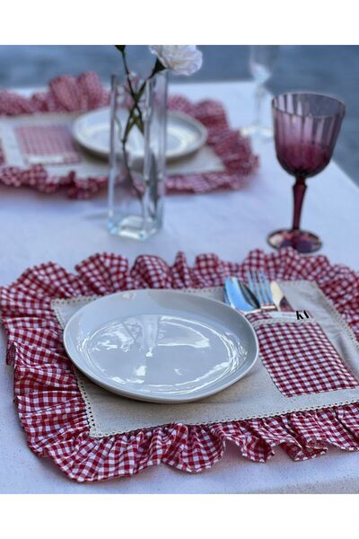 KaiAtelier 2Li Mia Cepli Ham Keten Kareli Fırfır Detaylı Amerikan Servis/ Supla