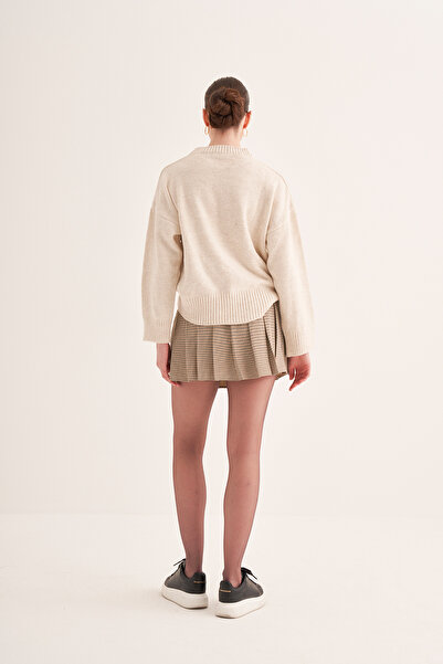 BarB Beige Checkered Rachel Pleated Detailed Shorts Skirt