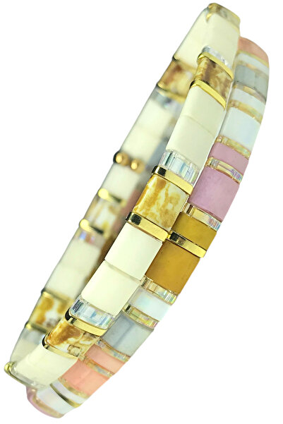 NAZLI TAKILAR مجموعة من 2 أساور مصنوعة يدويًا من خرز ميوكي تيلا الزجاجي المرن...