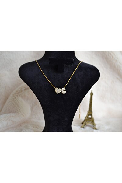 Stainlless Steel Harfli Çelik Zirkon Taşlı Kalp Kolye