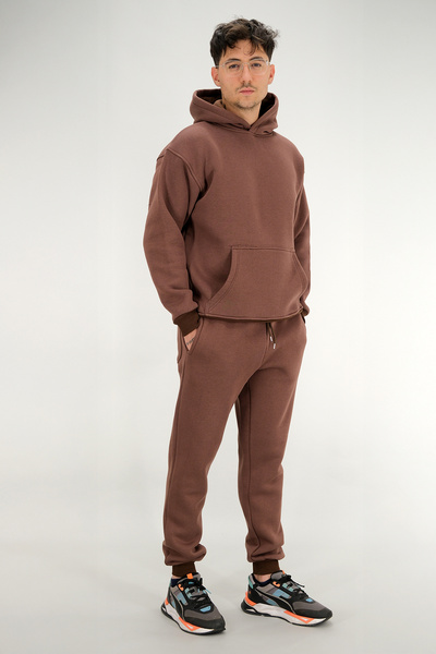 Souris Men's Brown Relaxed Fit Tracksuit Set 3 Thread Fleece-Lined Thick Fabric Ribbed Leg Drawstring Waist