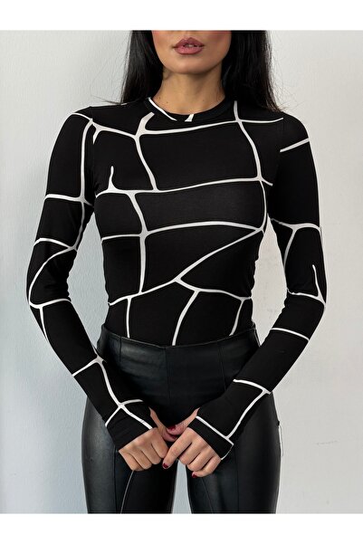 Bukamiss Women's Square Net Patterned Finger Detailed Bodysuit