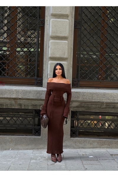 OLİSSE Kadın Madonna Yaka Uzun Kollu Triko Elbise