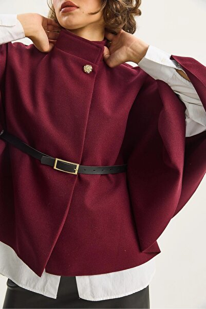 HARMONY GLOBAL Women's Gold Button Detailed Belted Cashmere Poncho – Wine Burgundy, Stylish and Modern Poncho 2712