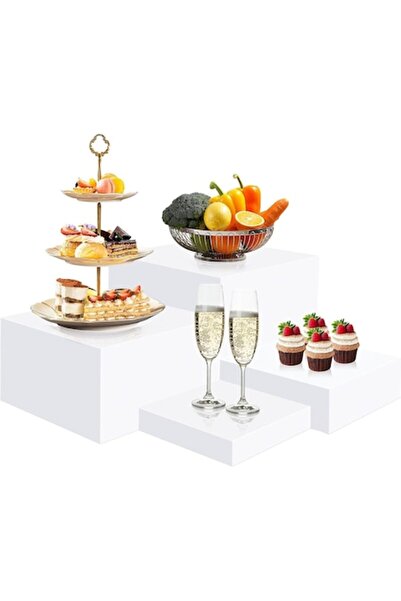 Balrog Set of 4 Acrylic Display Stands, White, Various Sizes, Decorative Cubes for Cakes & Jewelry