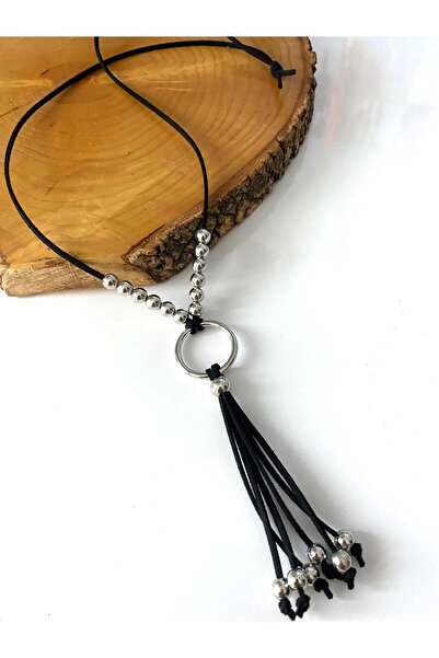 canan dizayn Bohem Metal Ring Silver Bead Suede Cord Necklace