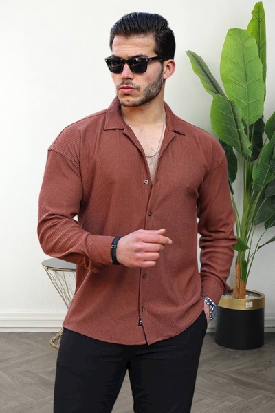 BİRBEYSTORE Men's Shirt Long Sleeve Corded Fabric Ottoman Fabric