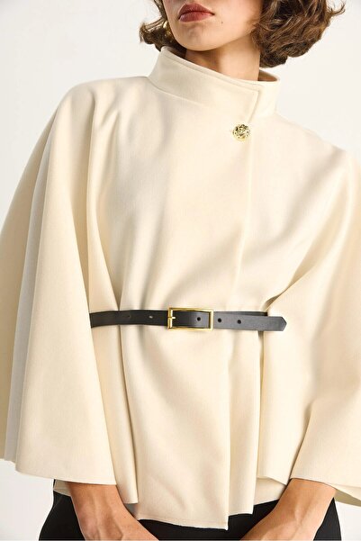 HARMONY GLOBAL Women's Gold Button Detailed Belted Cashmere Poncho – Cream, Stylish and Modern Poncho 2712