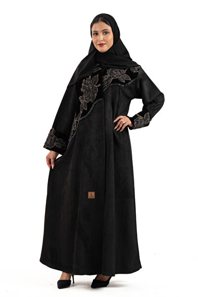 Hasnaa Abaya Rival abaya, black suede fabric with embroidery on the front.