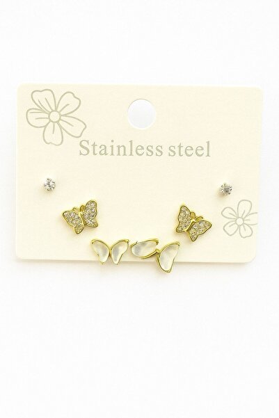 GAMZELİRENKLERİM طقم أقراط فراشة وحجر الزركون مع لونين ذهبي وفضي