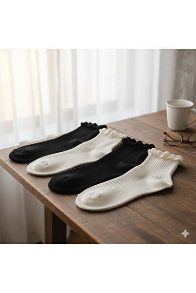 Arvien Store Fırfırlı Siyah ve Beyaz 4'lü Paket %100 Pamuklu Çorap