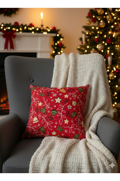 Sumicorn Design New Year Patterned Red Pillow Cushion Cover, New Year Decoration, Gift (42 X 42 cm)