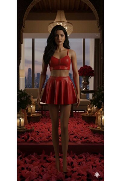 Baljina Deri Görünümlü Fantezi Takım