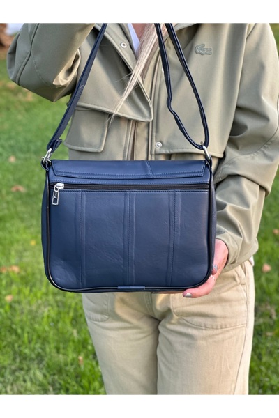 Deribag Genuine Leather, Crossbody Strap, Casual Bag, Women's Shoulder Bag, Navy Blue 25*21*8 cm