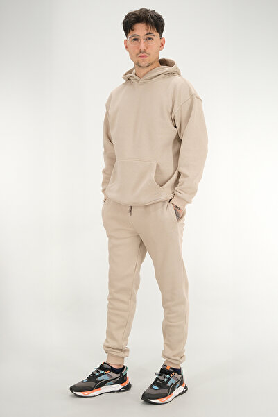 Souris Men's Beige Relaxed Fit Tracksuit Set 3 Thread Fleece-Lined Thick Fabric Ribbed Leg Drawstring Waist