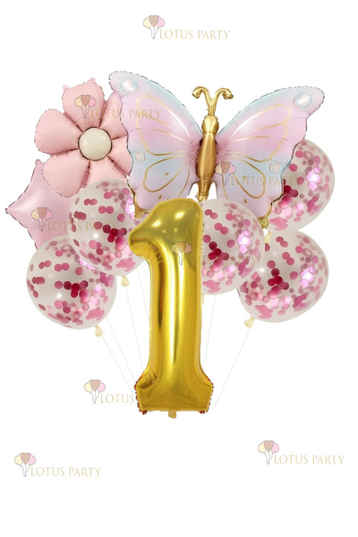 LOTUS PARTY بالون فويل على شكل فراشة لعمر سنة واحدة - بالون فويل على شكل زهرة...