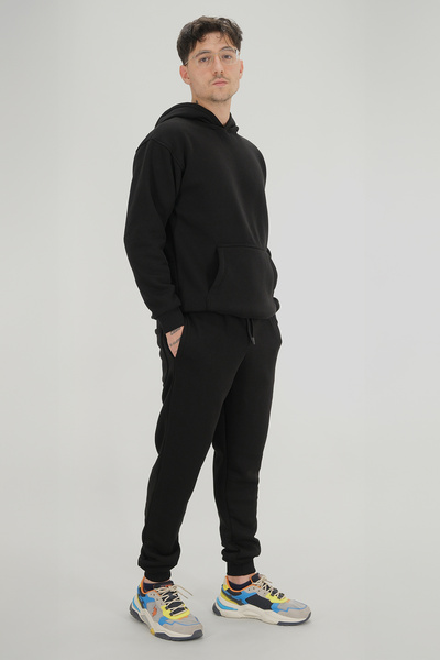 Souris Men's Black Relaxed Fit Tracksuit Set 3 Thread Fleece-Lined Thick Fabric Ribbed Leg Drawstring Waist