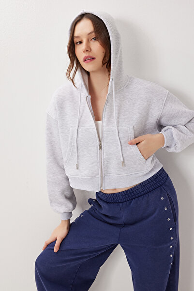 Lovelyİstanbul με κουκούλα Πλεκτό φούτερ με φερμουάρ επένδυση fleece LPX0004 ΓΚΡΙ ΜΕΛΑΝΙ