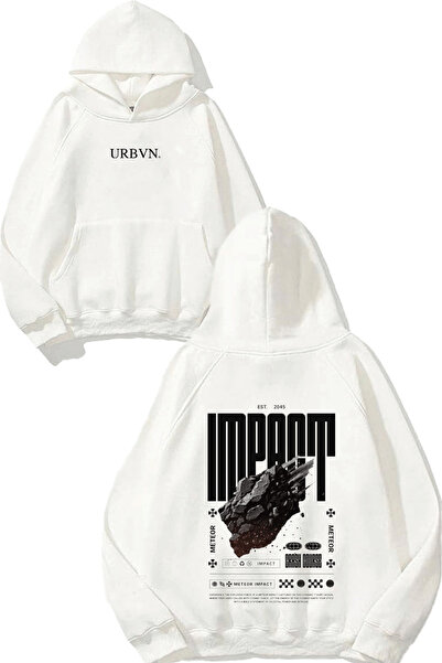 urbvn تصميم إمباكت مطبوع قصة فضفاضة سويت شيرت أبيض بغطاء رأس