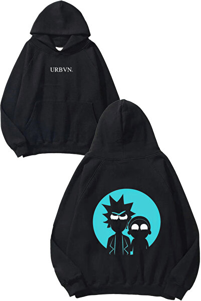 urbvn ريك مورتي بلو ديزاين مطبوع قصة فضفاضة سويت شيرت أسود بغطاء رأس