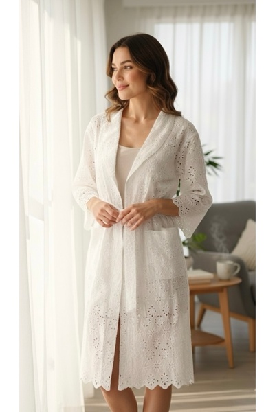 Nena روب نسائي طويل/كيمونو من القطن الخالص 100٪ مع دانتيل مزخرف