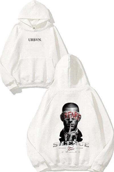 urbvn سويت شيرت سايلنس مان ديزاين مطبوع قصة فضفاضة أبيض بغطاء رأس