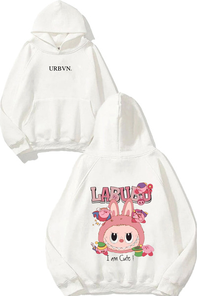 urbvn سويت شيرت لابوبو بتصميم وردي مطبوع قصة فضفاضة أبيض بغطاء رأس