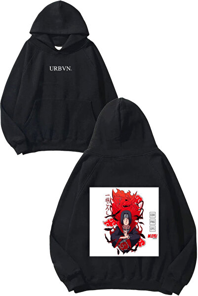 urbvn سويت شيرت بتصميم أنيمي ساموراي مطبوع قصة فضفاضة أسود بغطاء رأس