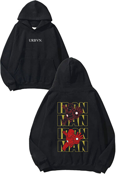 urbvn Iron Man Yazı Tasarım Baskılı Oversize Siyah Kapüşonlu Sweatshirt