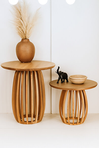 Onouqo Palermo Duo Yuvarlak Modern Rustik Retro Dekoratif Ahşap Çıtalı Yan Or...