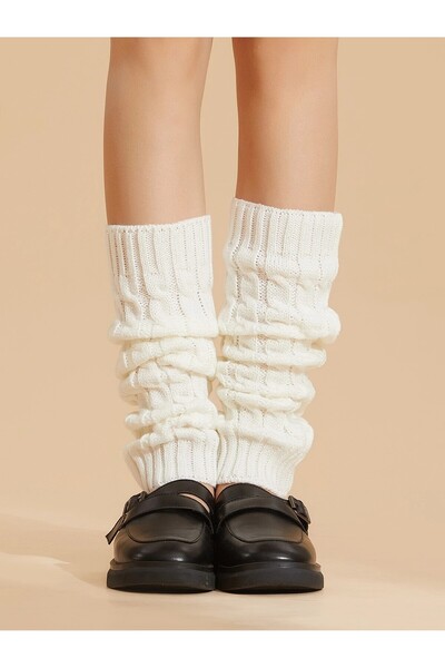 Moibody Original Premium Tozluk %100 Akrilik Triko Örgü Leg Warmer Ayak Isıtıcı Ekru Saç Örgü