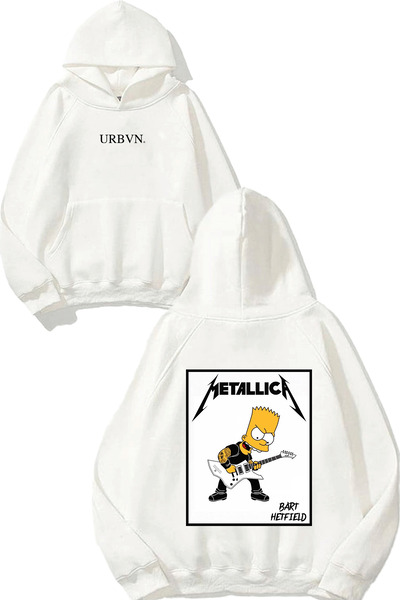 urbvn Metallica Bart Design Printed Oversized White Hooded Sweatshirt