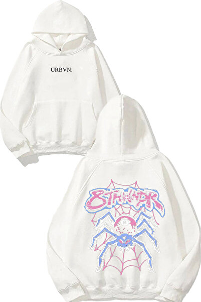 urbvn تصميم شبكة العنكبوت مطبوع قصة فضفاضة سويت شيرت أبيض بغطاء رأس
