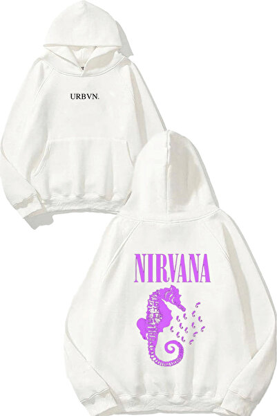 urbvn تصميم نيرفانا سيبيكودا مطبوع قصة فضفاضة سويت شيرت أبيض بغطاء رأس