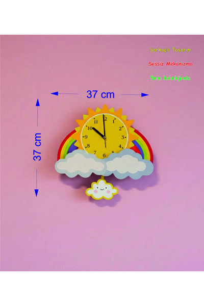Ste Desing GÖKKUŞAĞI FİGÜRLÜ SESSİZ SARKAÇLI DUVAR SAATİ 37X37 CM