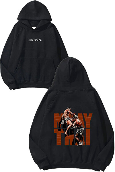 urbvn Hanorac negru supradimensionat cu glugă, cu imprimeu Muay Thai Fight De...