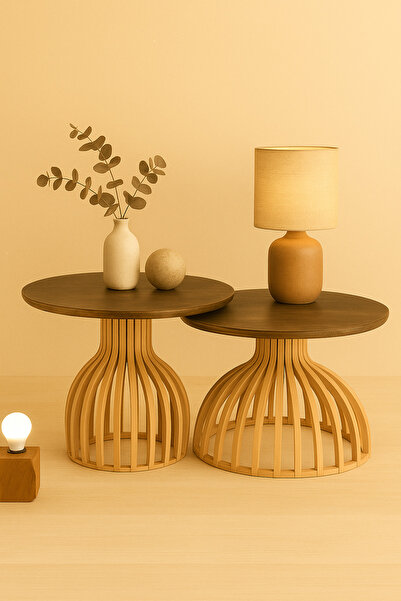 Onouqo Palermo Duo Yuvarlak Modern Rustik Retro Dekoratif Ahşap Çıtalı Yan Or...